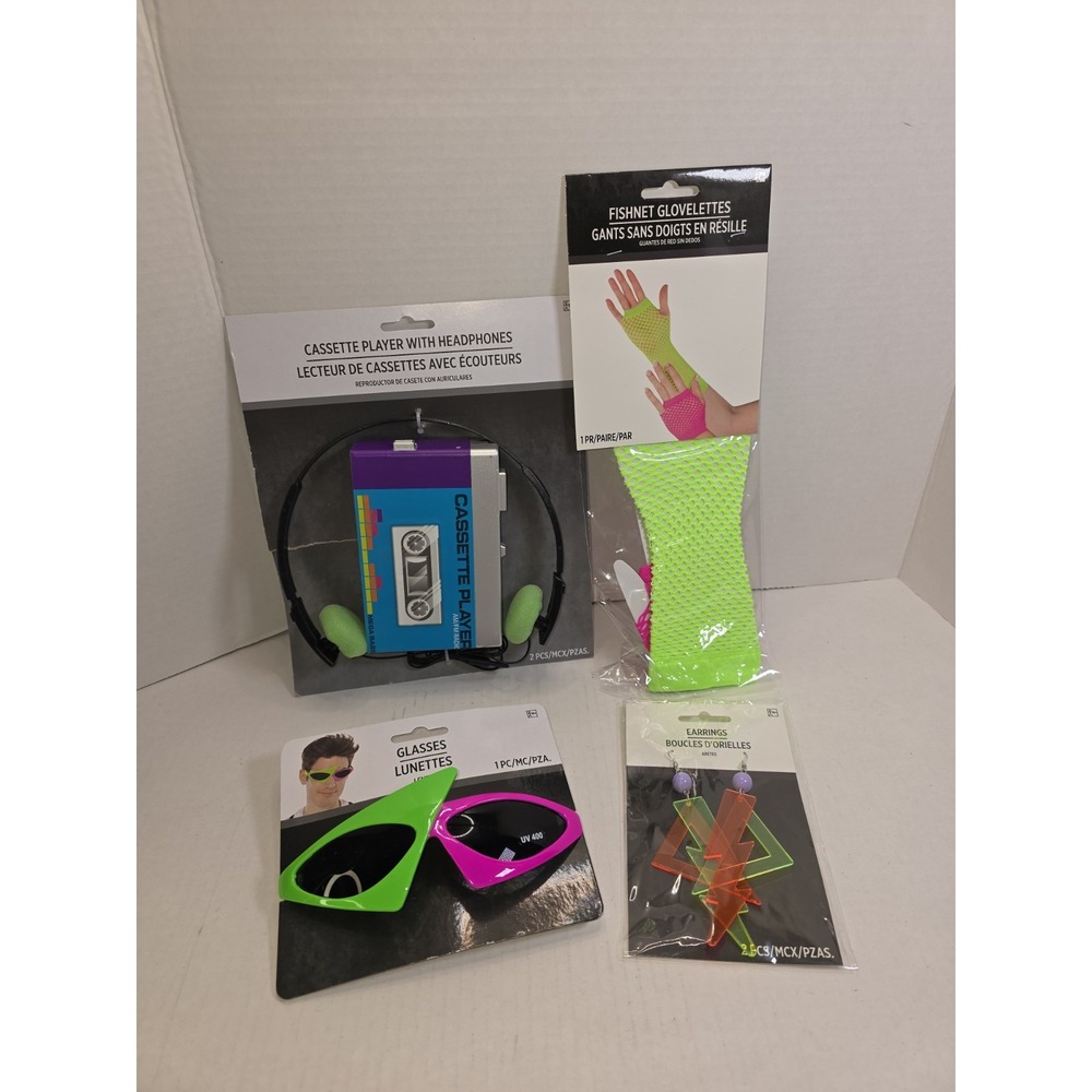 80s Costume Accessories Faux Cassette Player Neon Mesh Gloves Glasses Earrings